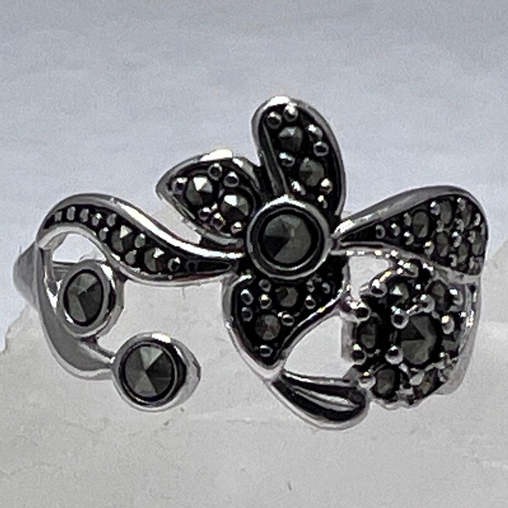 NVC Sterling Silver Marcasite Floral Bypass Ring 925 Vtg Flower Size‎ 6